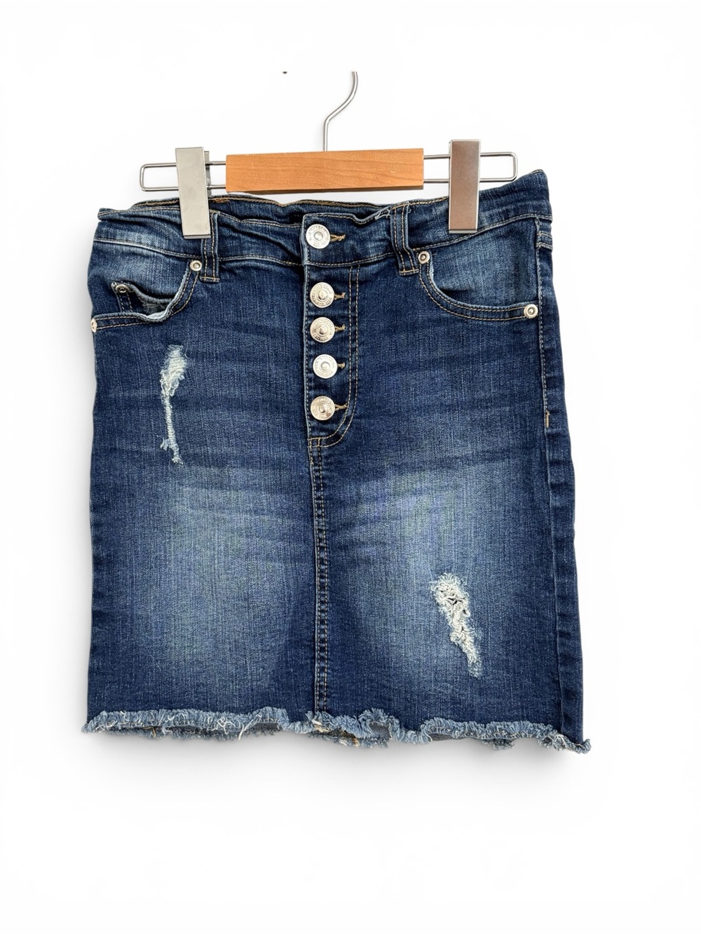 Distressed Dark Blue Denim Mini Skirt with Button Front